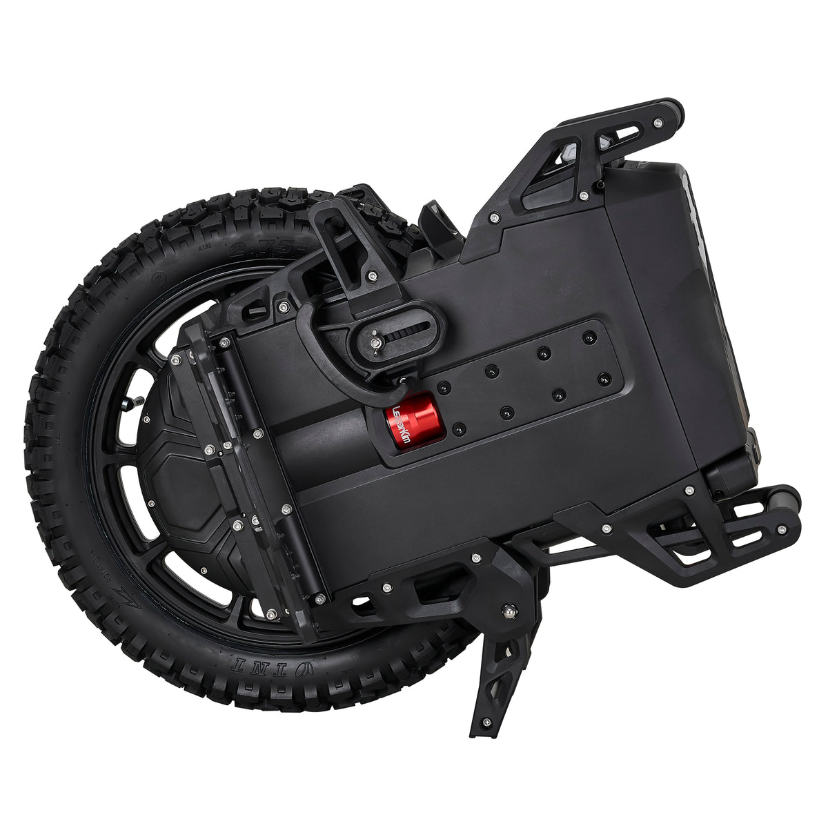 LeaperKim Lynx S electric unicycle angled side view showing frame and wheel