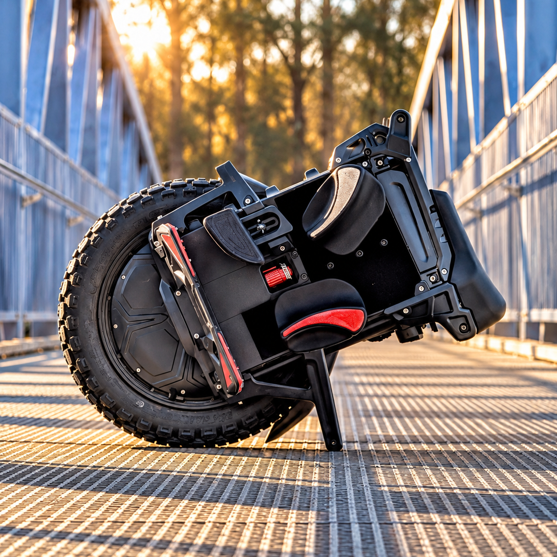Veteran Patton S electric unicycle with power pads and a folded pedal, parked on a bridge