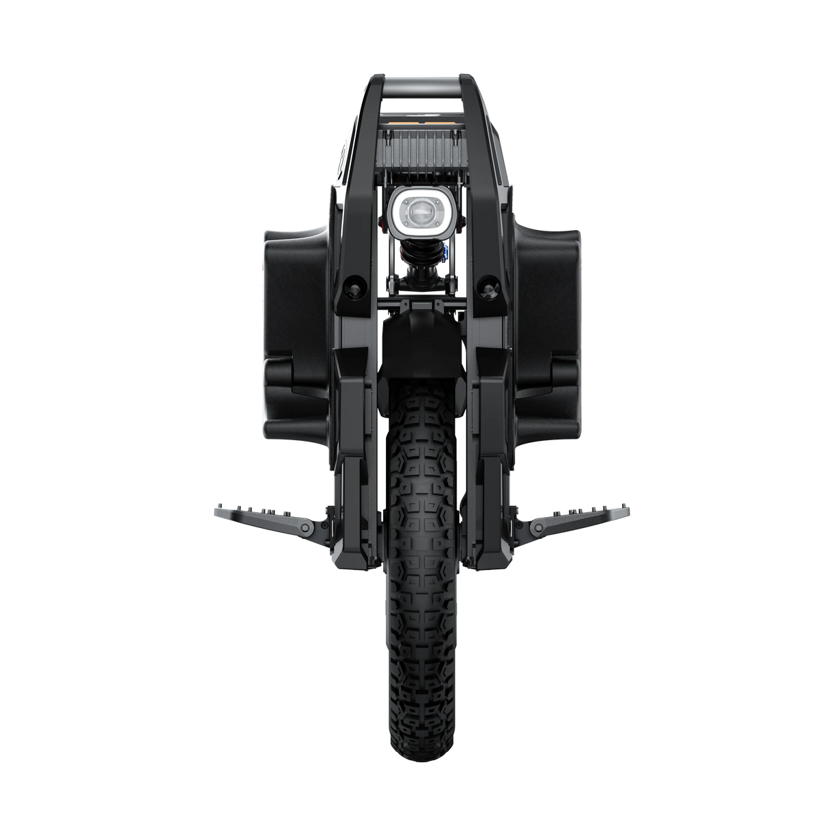 Front view of the INMOTION X1 showing its headlight, side pads, open pedals and off-road tyre.