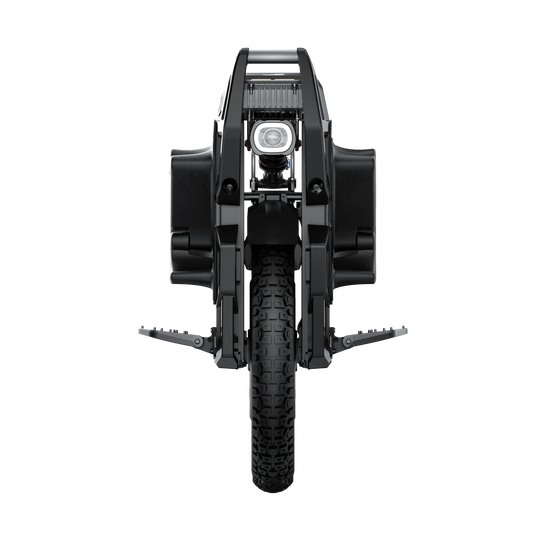 Front view of the INMOTION X1 showing its headlight, side pads, open pedals and off-road tyre.