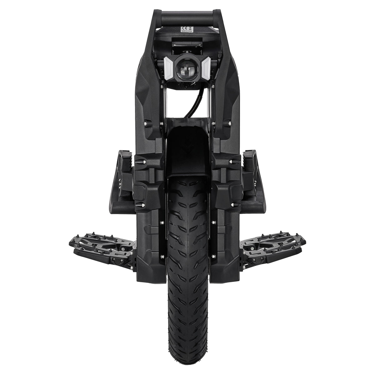 LeaperKim Sherman P electric unicycle, front view with headlight and pedals extended