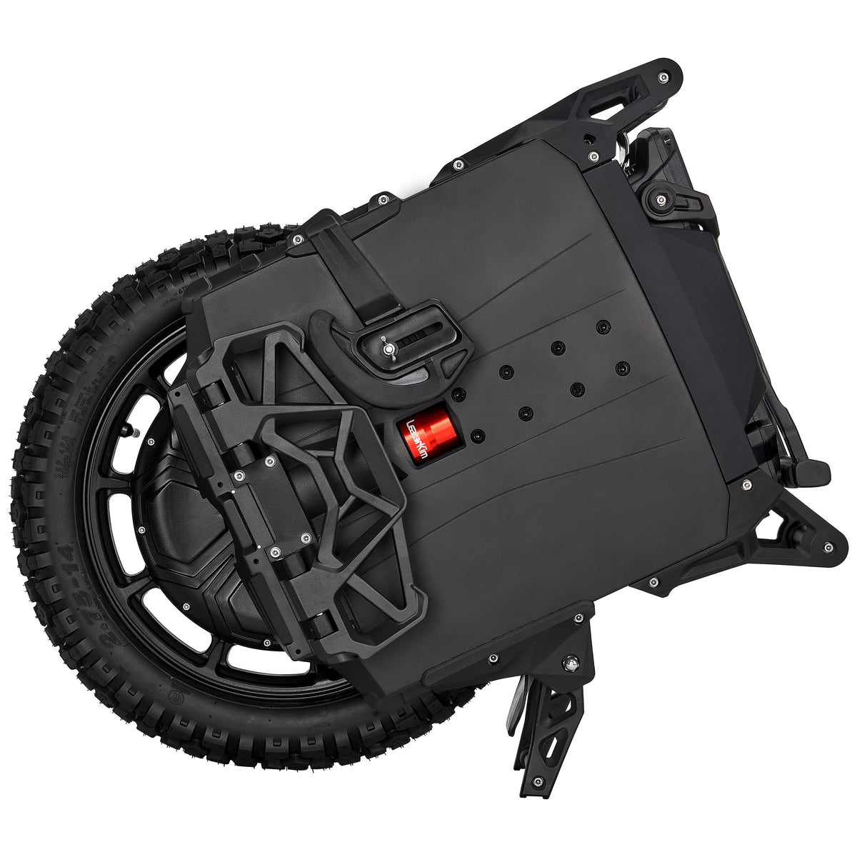LeaperKim Sherman P electric unicycle resting on its kickstand, shown with an off-road tyre