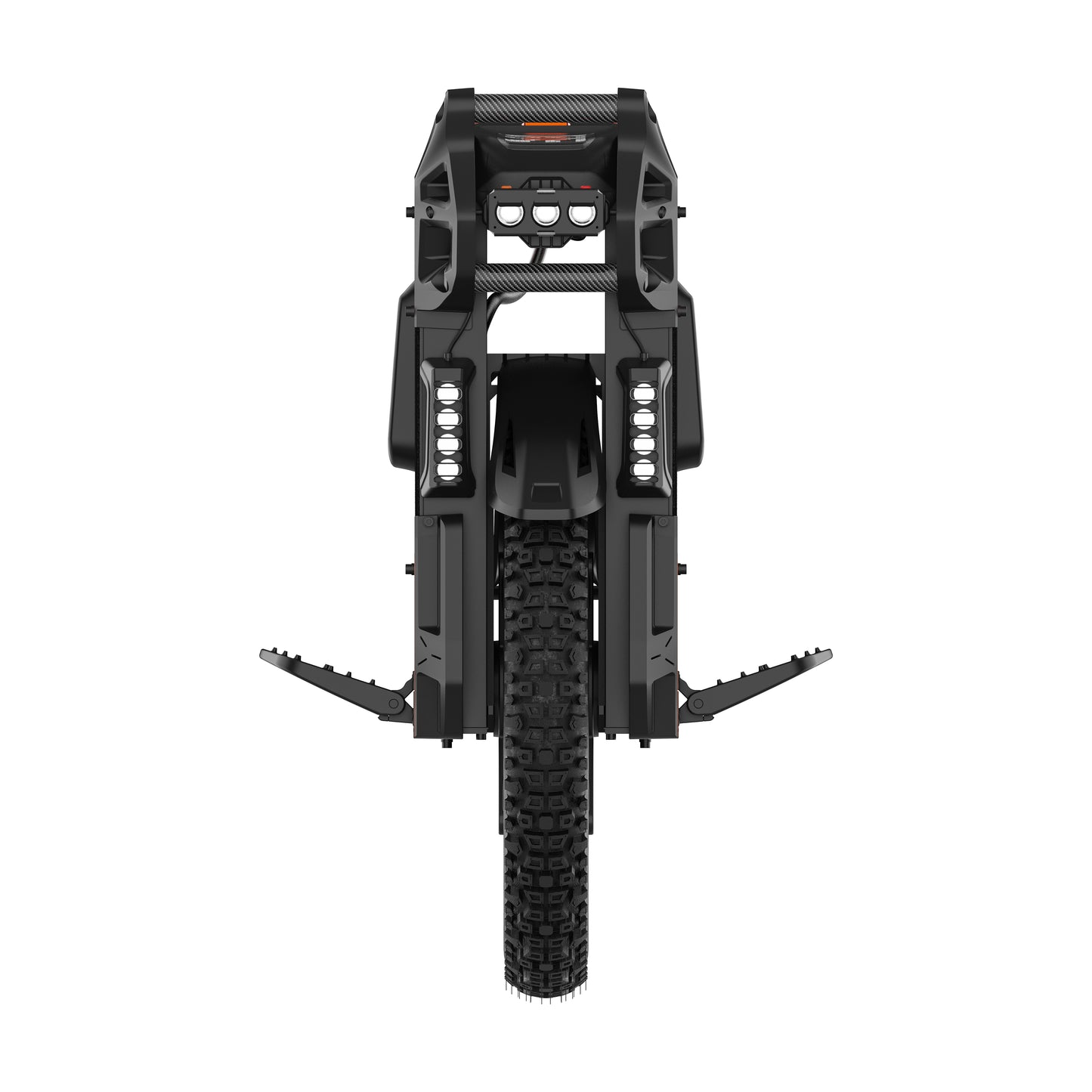 Front view of a black off-road euc with a suspension fork, knobby tyre, integrated front light bar, and front handlebar.