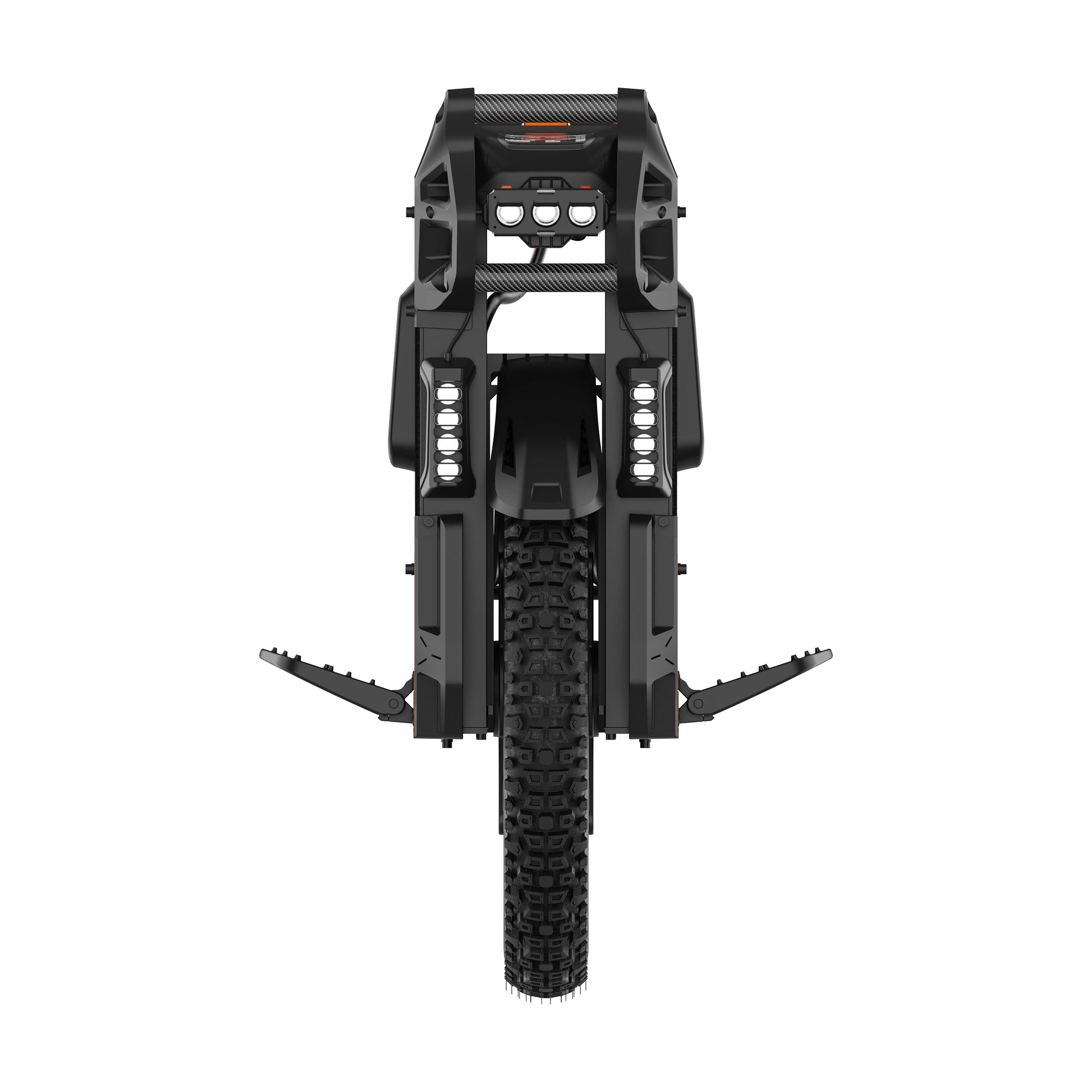Front view of a black off-road euc with a suspension fork, knobby tyre, integrated front light bar, and front handlebar.