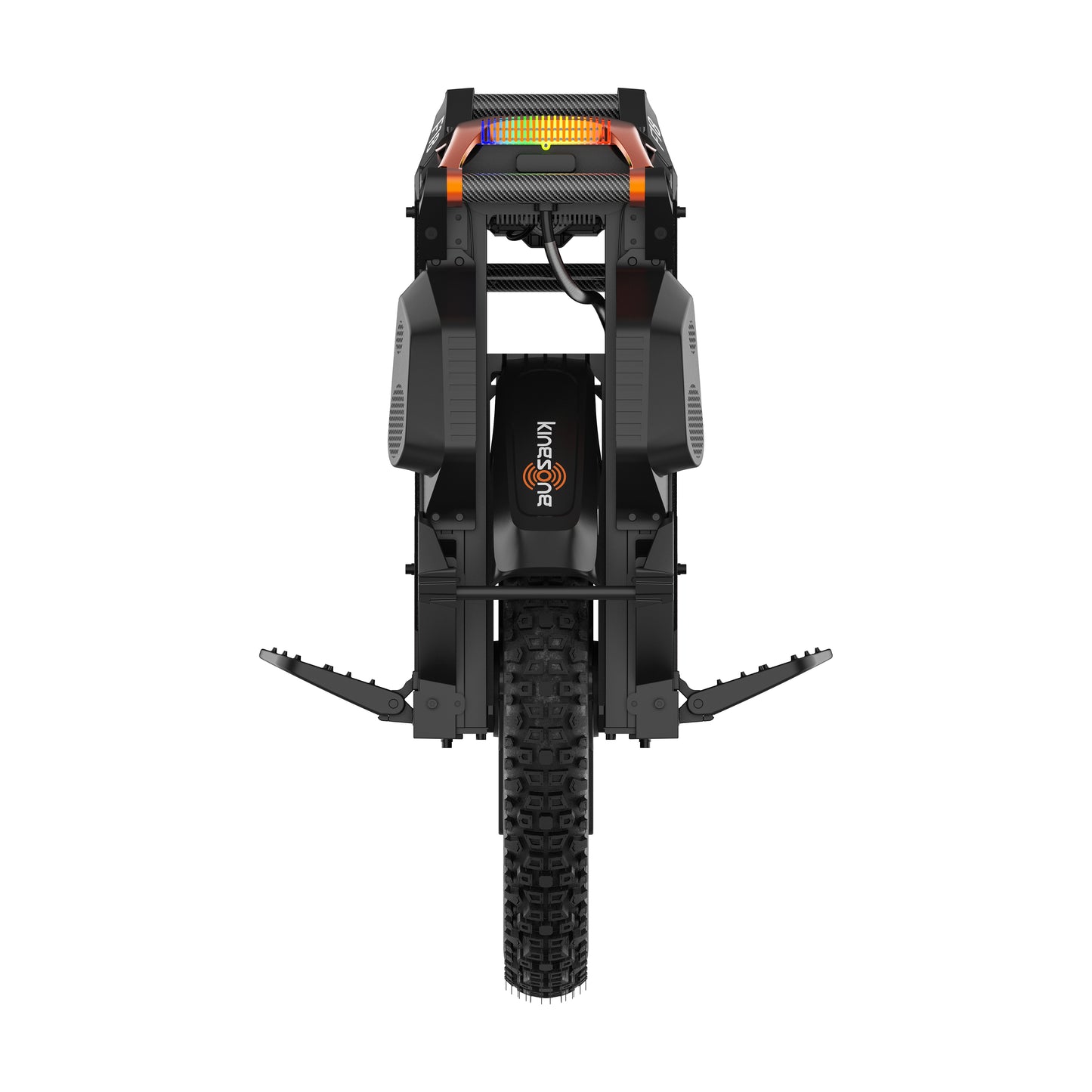 Rear view of a black electric unicycle with a knobby tyre, suspension, and a colourful LED light bar on top.