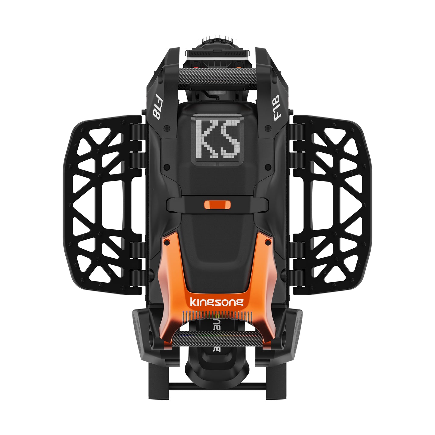 Kingsong F18 EUC shown from a top-down front view, featuring a black and orange body with black protective side cages and a digital display screen on the front.