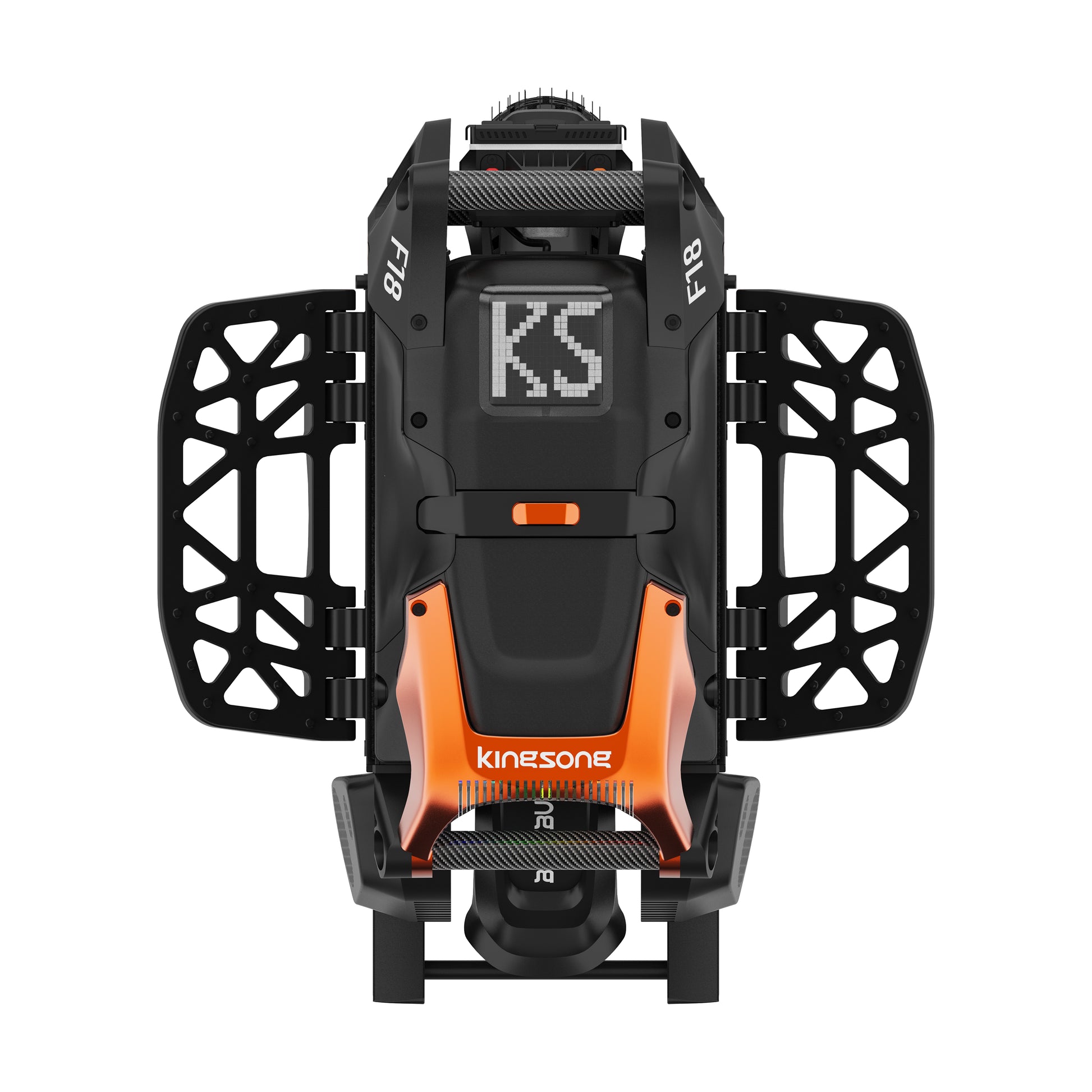 Kingsong F18 EUC shown from a top-down front view, featuring a black and orange body with black protective side cages and a digital display screen on the front.