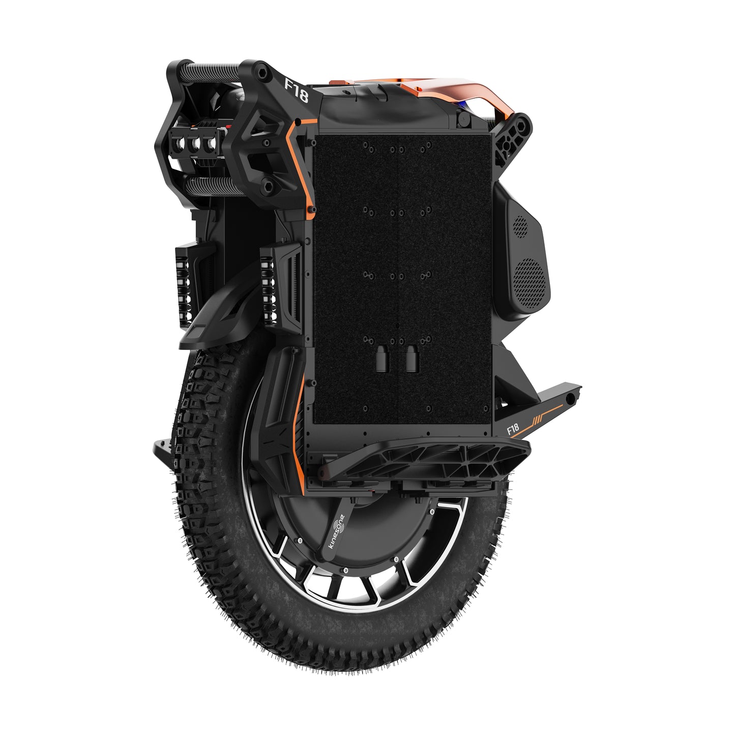 A black and orange electric unicycle shown from a rear three-quarter angle on a solid white background.