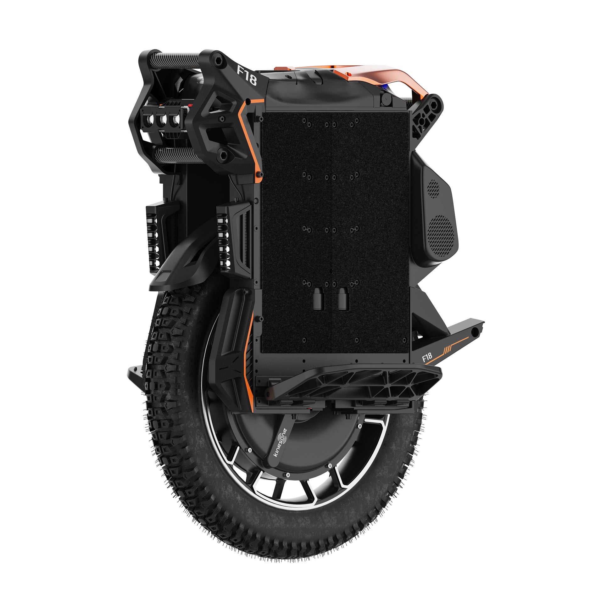 A black and orange electric unicycle shown from a rear three-quarter angle on a solid white background.