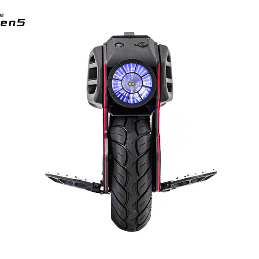 Begode Mten5 electric unicycle front view showing circular headlight and unfolded pedals