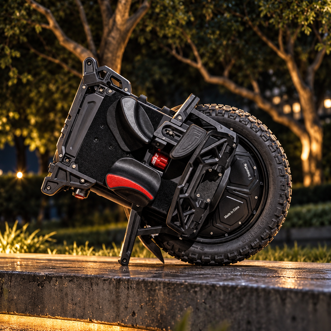 Veteran Patton S electric unicycle with power pads and a folded pedal, parked outdoors at night