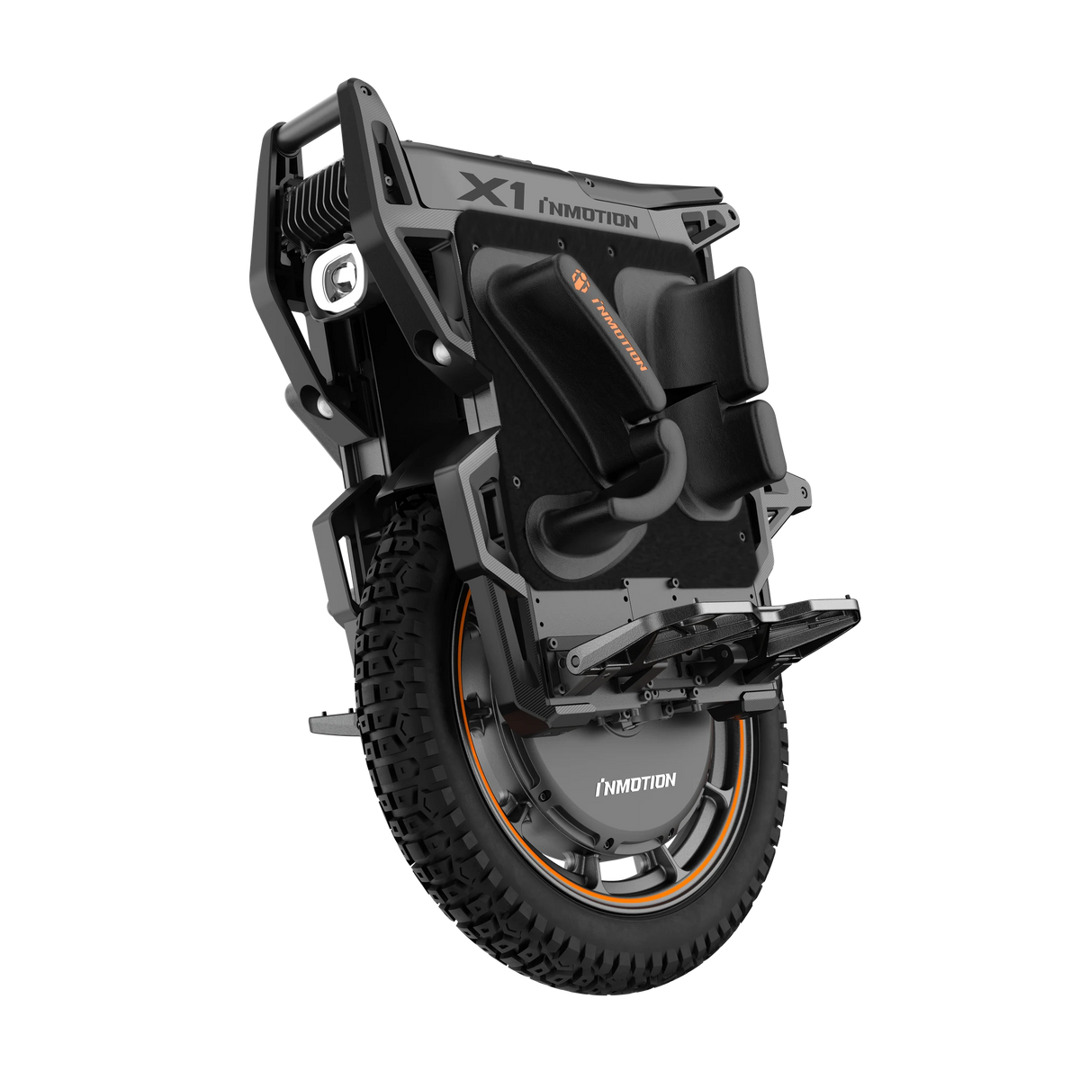 INMOTION X1 off-road electric unicycle in a three-quarter studio view, showing side pads, open pedal and treaded tyre.