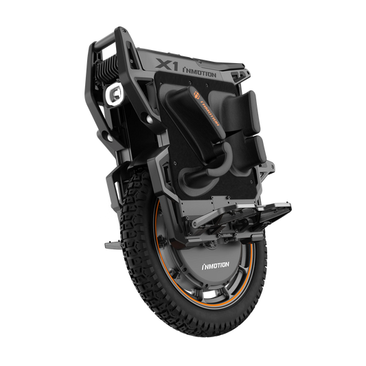 INMOTION X1 off-road electric unicycle in a three-quarter studio view, showing side pads, open pedal and treaded tyre.