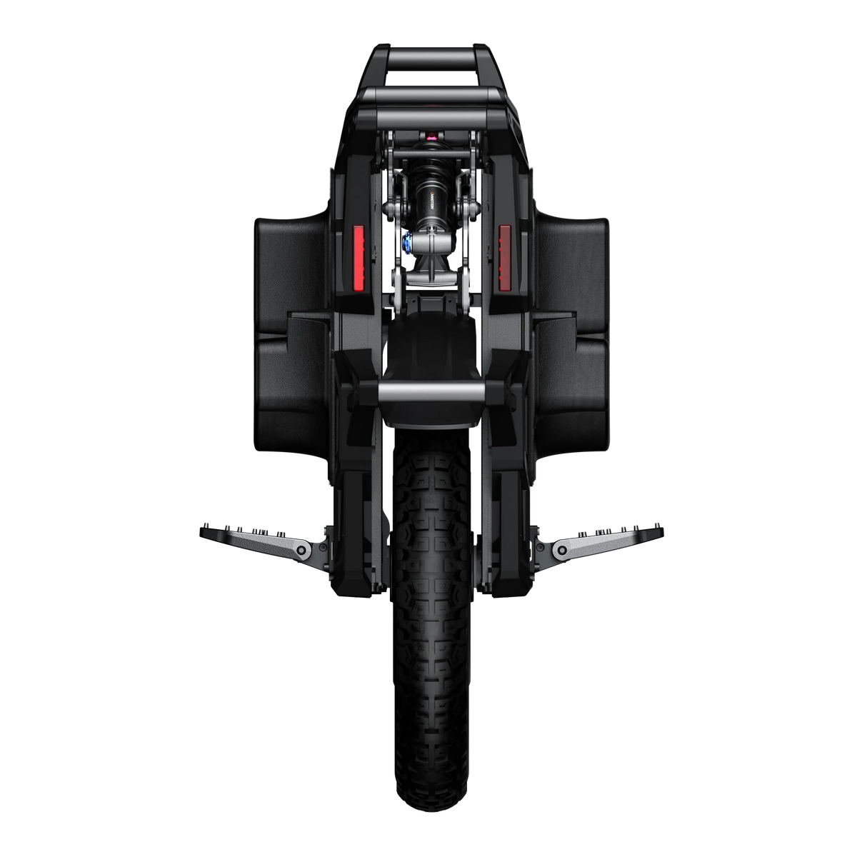 Rear view of the INMOTION X1 showing its suspension assembly, side pads, open pedals and tyre.