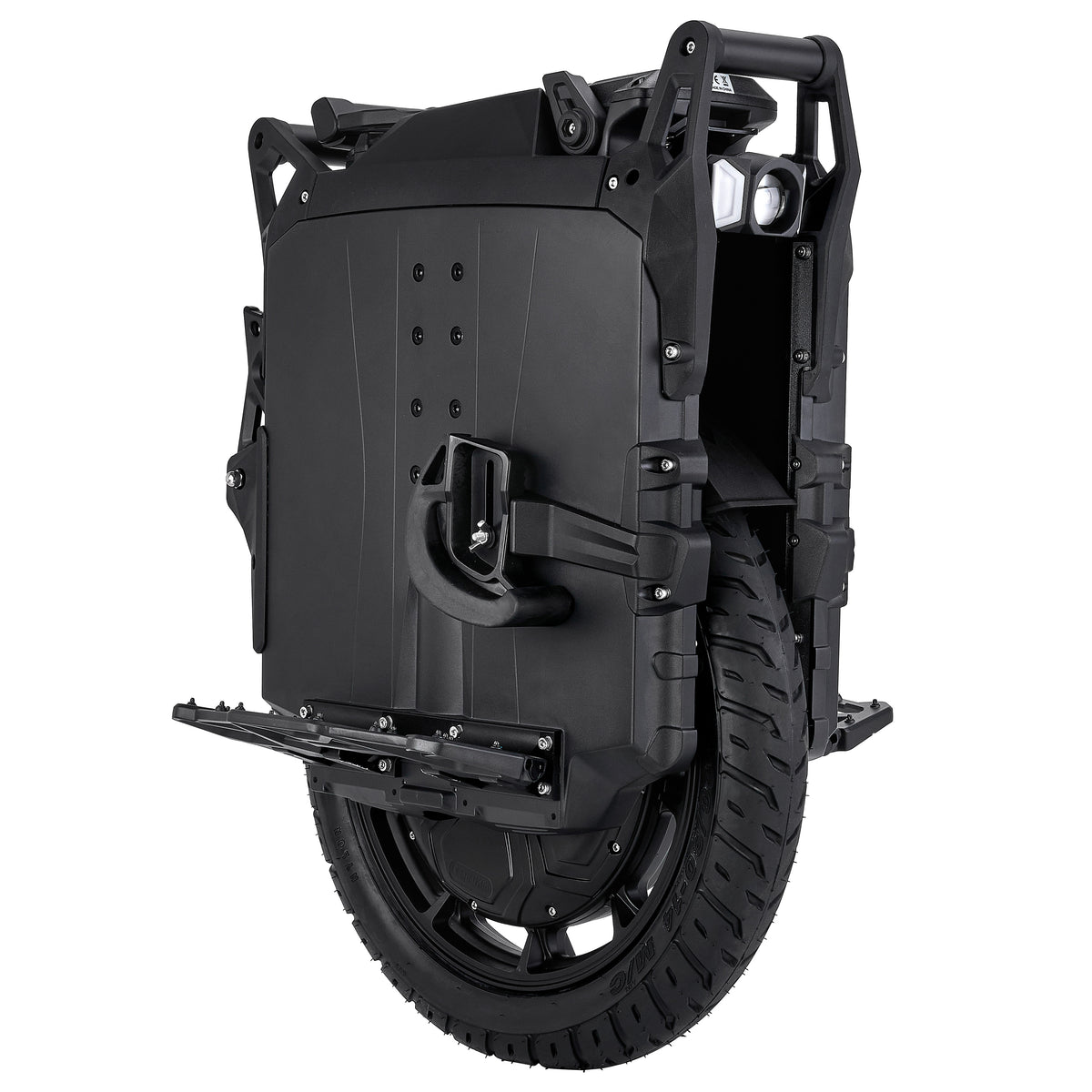 LeaperKim Sherman P electric unicycle, front three-quarter view showing the headlight, tyre and pedals