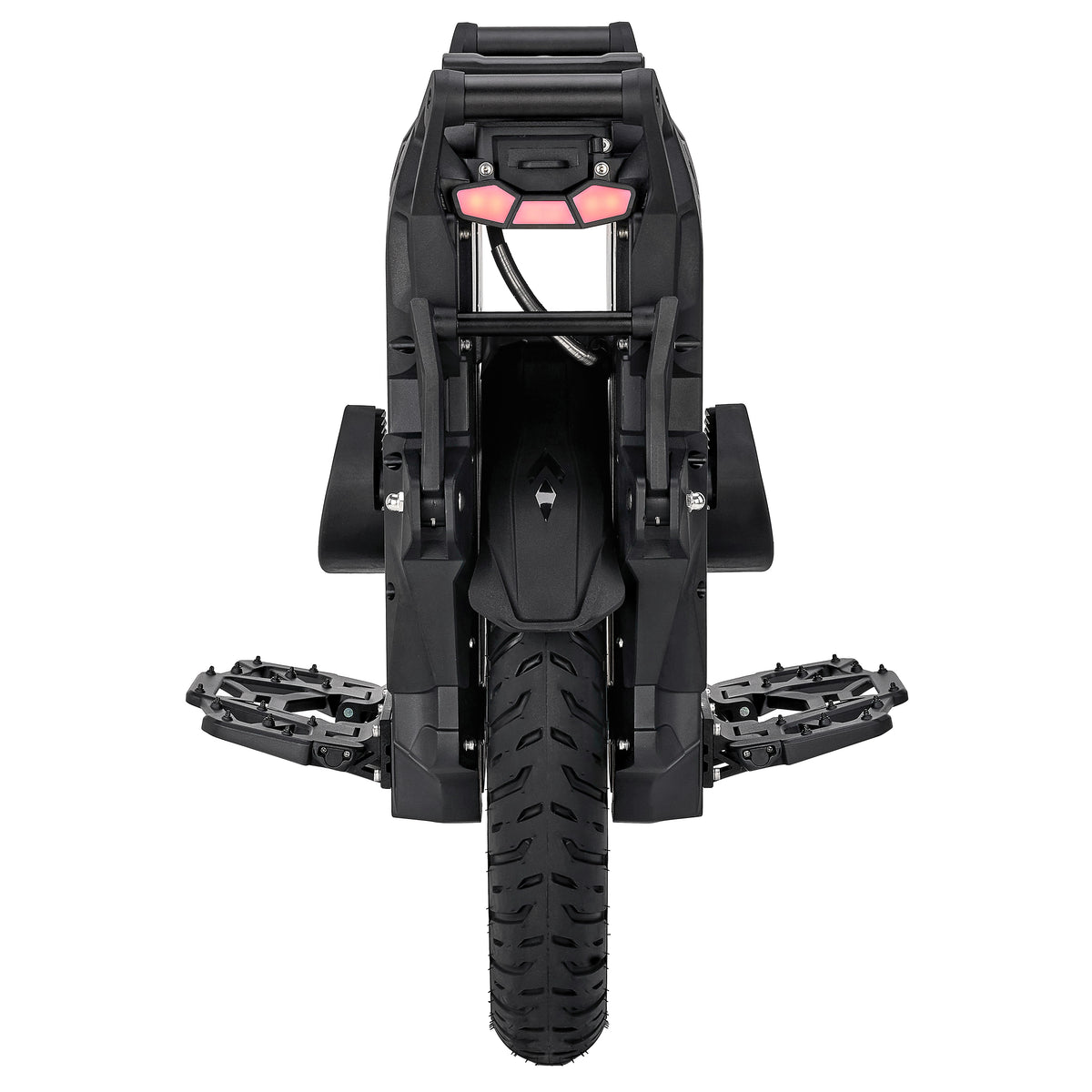 LeaperKim Sherman P electric unicycle, rear view with tail light, mudguard and pedals extended